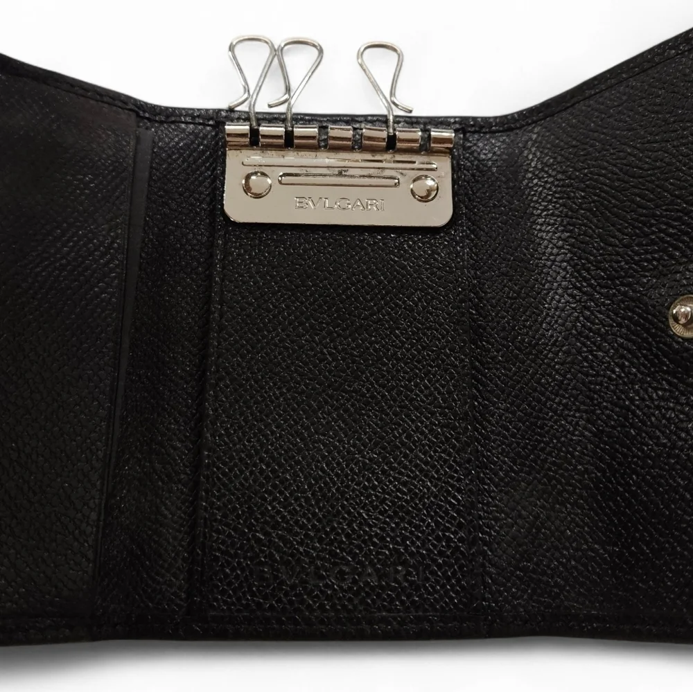 BVLGARI Leather Keyholder Wallet In Black Leather And Silver